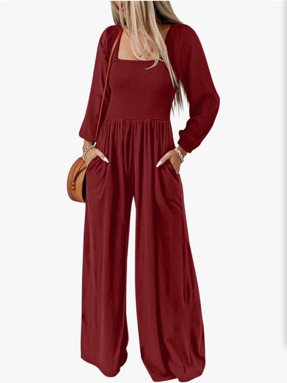 Smocked Square-Neck Wide-Leg Jumpsuit in Burgundy